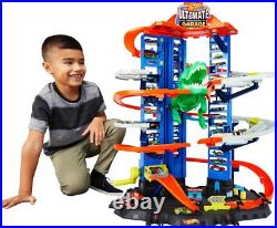 Vertical Toy Car Track Set with T-Rex & Kid-Powered Elevator 2 Cars Included Vertical Toy Car Track Set with T-Rex & Kid-Powered Elevator 2 Cars Included