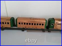 Vintage Antique 1930s Hafner 7 Car Wind-up Copper Train Set with Track Pre-War