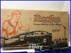 Vintage Dorfan Train Set, 5 cars, windup engine needs repair, track, box, no key