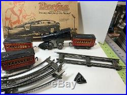 Vintage Dorfan Train Set, 5 cars, windup engine needs repair, track, box, no key