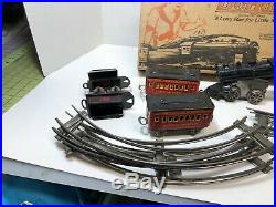 Vintage Dorfan Train Set, 5 cars, windup engine needs repair, track, box, no key