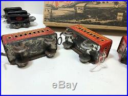 Vintage Dorfan Train Set, 5 cars, windup engine needs repair, track, box, no key