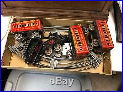 Vintage Dorfan Train Set, 5 cars, windup engine needs repair, track, box, no key