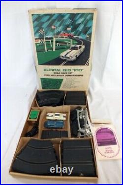 Vtg 1966 Eldon Big 100 Road Race Set 132 Corvette Mustang Slot Car Track in Box